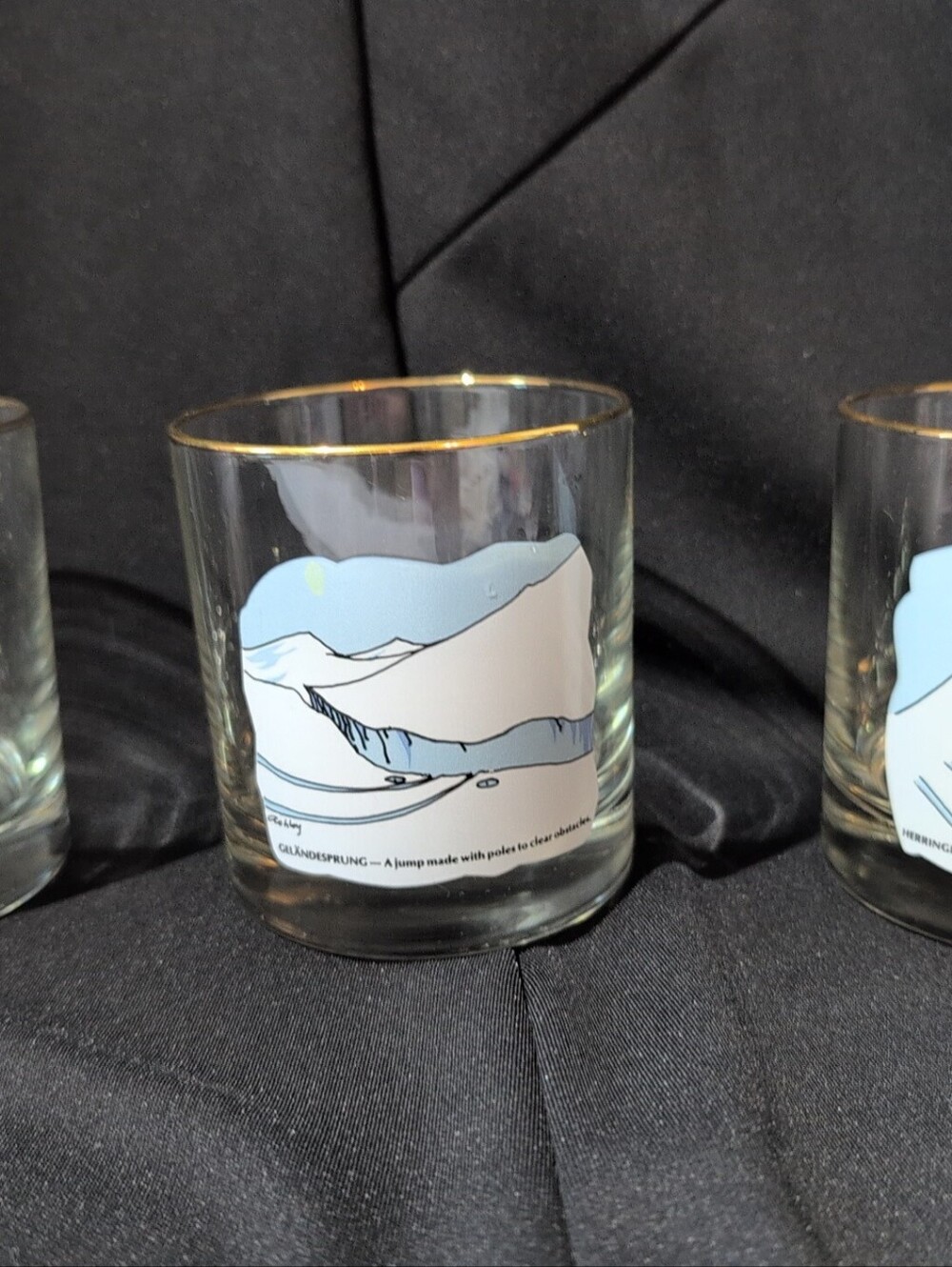 Vintage Ashby Skiing Cartoon Rocks Glasses Set Of Three Gold Rim Low Ball Barwar